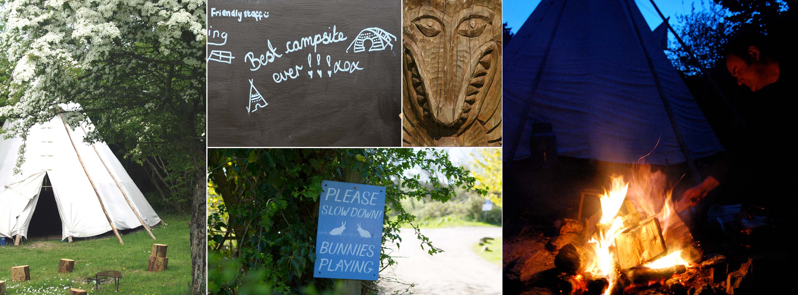 A collage of a white tipi in blossom, a chalkboard, a carved wooden face, a campfire and a slow-down sign for bunnies