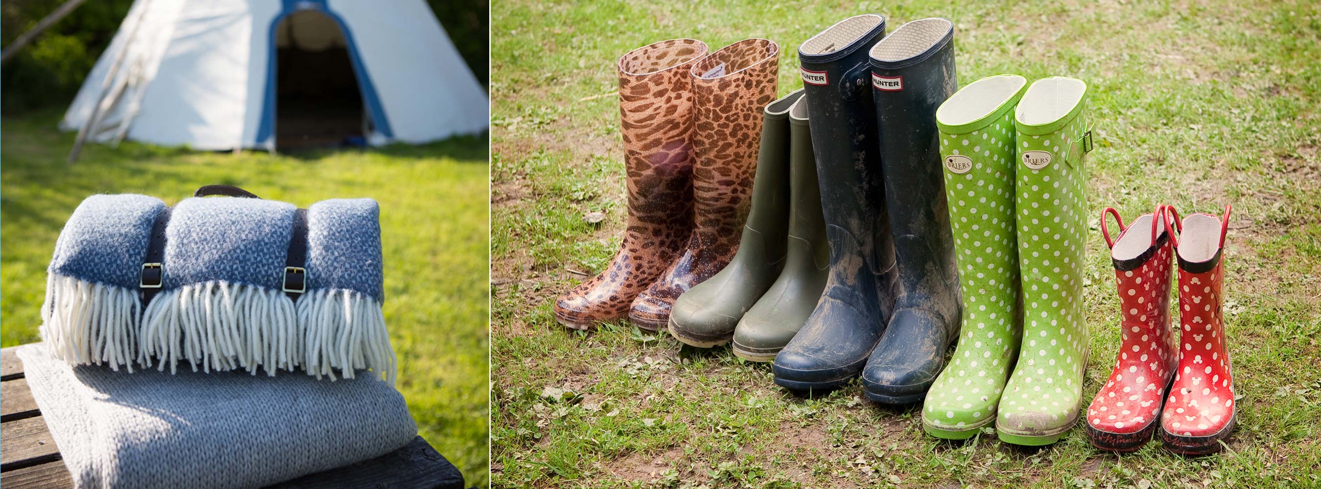 A rolled rug beside a tipi, and a row of wellies on the grass