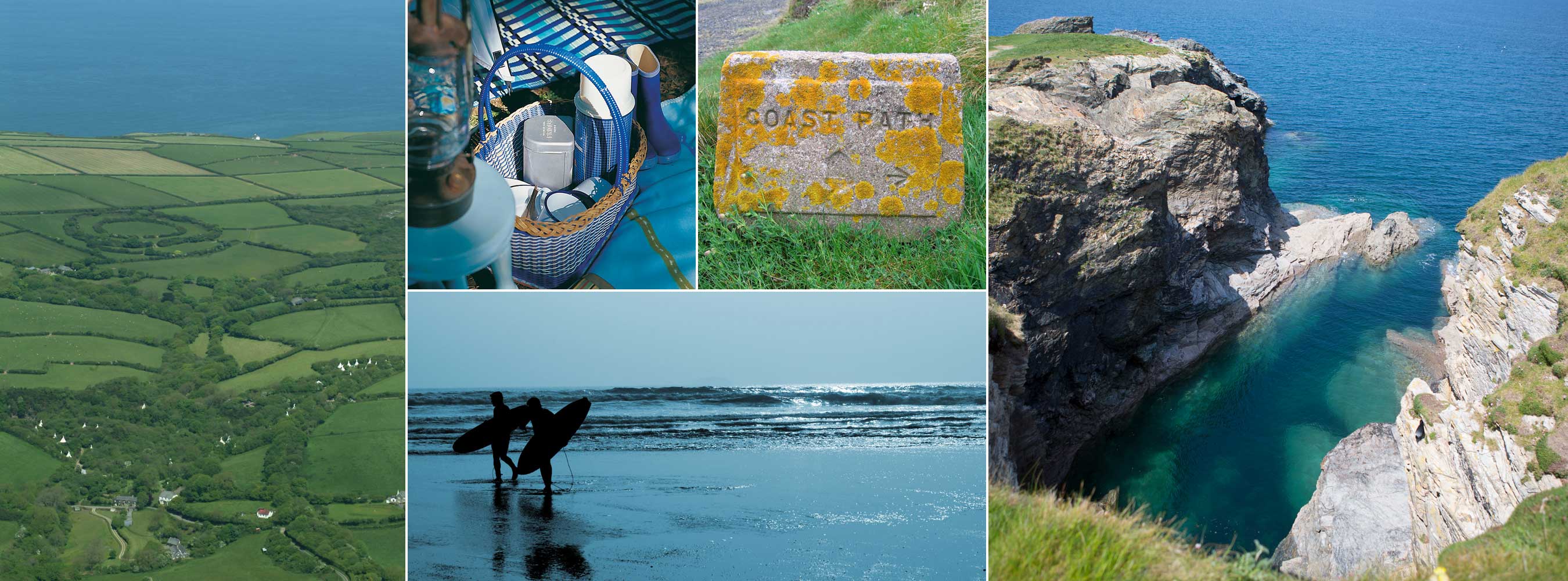 A collage of the north Cornwall coast: patchwork fields, a picnic, a Coast Path stone, surfers and cliffs